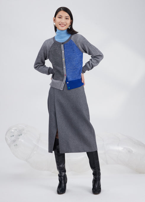 colour block cardigan, colour block jumper , blue cardigan, multi colour jumper, bolloonie. sweater, merino wool